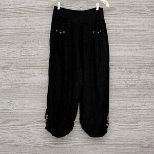 TINA STEVENS Italy Black Linen Button Detail Pockets Gathered Ankle Womens S